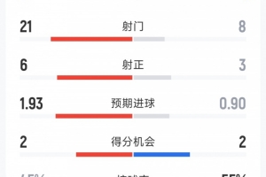 切爾西1-2桑德蘭全場數(shù)據(jù)：射門8-21，射正3-6，紅牌1-0